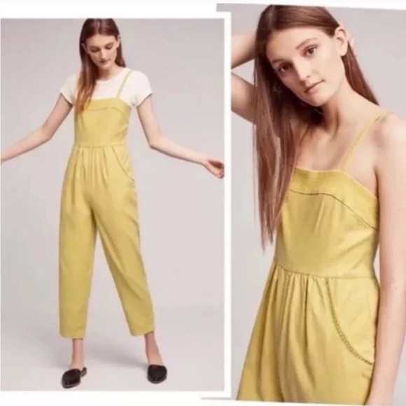 Anthropologie Postmark Linen Jumpsuit M Slouchy Mustard Yellow Pockets Cottage - Picture 15 of 15